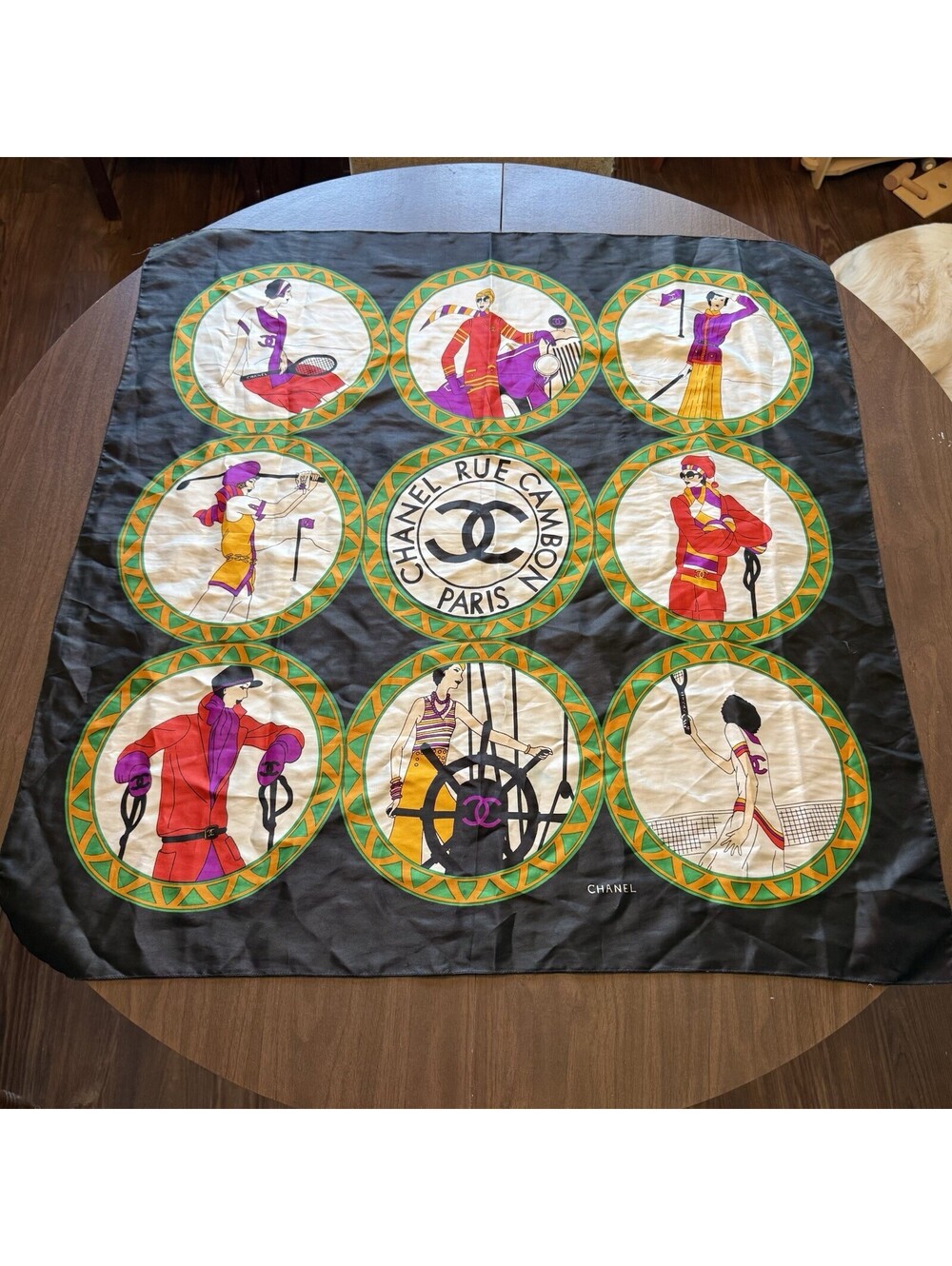 Vintage 90s RARE Chanel 1920s Art Deco Sports Silk Scarf Karl Lagerfeld Designer